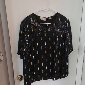 Black Sequin Short Sleeve Tee with Gold & Silver Accents -